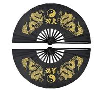 Abanico de Tai Chi 33 cm, Abanico Kung Fu, Doble for Artes Marciales, Estampado dragón, Multicolor para Actuaciones EscéNicas Fiestas Decoraciones(Black,2pcs)