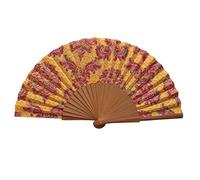 Abanico Español Damasco Grana - Madera y Algodón - 23 cm - Estuche y Funda de Yute - Accesorio de Moda - Hecho a Mano en España - Eventos y Regalos - Colección Tradición - Tusitala Barcelona