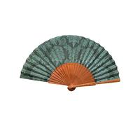 Abanico Español Damasco Verde - Madera y Algodón - 23 cm - Estuche y Funda de Yute - Accesorio de Moda - Hecho a Mano en España - Eventos y Regalos - Colección Tradición - Tusitala Barcelona