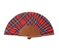 Abanico Español Tartán Rojo - Madera y Algodón - 23 cm - Estuche y Funda de Yute - Accesorio de Moda - Hecho a Mano en España - Eventos y Regalos - Colección Nuestros Clásicos - Tusitala Barcelona