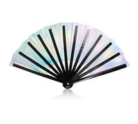 Abanico holográfico plateado para rave, iridiscente con láser, plegable grande para festivales, ventilador de mano plegable de bambú con purpurina, metálico para discoteca