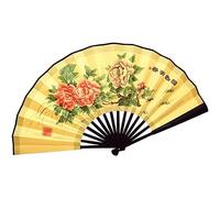 Abanico plegable, Abanico de mano plegable chino Kung Fu Tai Chi, patrón de peonías de bambú de seda, amarillo, varios tamaños(S)
