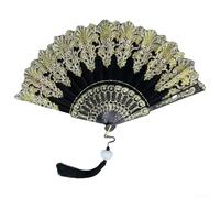 Abanico plegable chino antiguo para mujer, diseño de gato negro pintado a mano con colgante de borla, construcción de plástico y seda, accesorios Hanfu, decoración de bodas y fiestas (D)