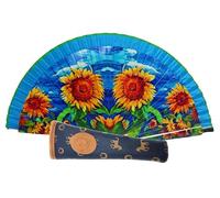 Abanico Plegable con Funda para Abanico. Tela Estampada de Algodón sobre Madera. Dibujo Estampado. con Imán Surtido de Costumbres Españolas (4 Girasoles)