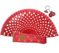 Abanico Plegable con Funda para Abanico. Tela Estampada de Algodón sobre Madera. Lunares Pintados. con Llavero de Costumbres Españolas (Rojo Lunares Blancos)