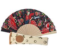 Abanico Plegable con Funda. Tela Estampada de Algodón sobre Madera. Dibujos de la Cultura española (Flamenco, Toreros, Toros, Bailaores etc...) (Negro Funda BP)