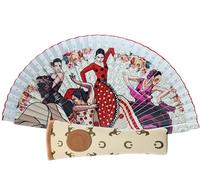 Abanico Plegable con Funda. Tela Estampada de Algodón sobre Madera. Dibujos de la Cultura española (Flamenco, Toreros, Toros, Bailaores etc...) (4 bailaoras)