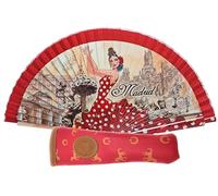 Abanico Plegable con Funda. Tela Estampada de Algodón sobre Madera. Dibujos de la Cultura española (Flamenco, Toreros, Toros, Bailaores etc...) (Rojo Madrid)