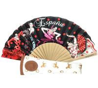 Abanico Plegable con Funda. Tela Estampada de Algodón sobre Madera. Dibujos de la Cultura española (Flamenco, Toreros, Toros, Bailaores etc...) (Flamencas Negro)