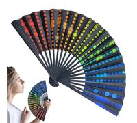 Abanico plegable de 23 cm, color negro, de satén de hueso recto, estilo chino, serie arcoíris, estilo abstracto, abanico plegable, abanico plegable clásico retro