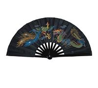 Abanico plegable de bambú, para práctica de artes marciales, estilo chino, Dragon And Phoenix black background