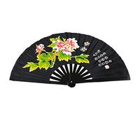 Abanico plegable de bambú, para práctica de artes marciales, estilo chino, Peony flower black background