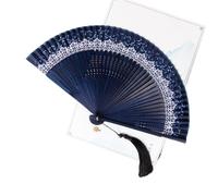 Abanico plegable de estilo chino que cambia Color con borlas, tela seda for baile, verano(Blue)