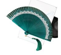 Abanico plegable de estilo chino que cambia Color con borlas, tela seda for baile, verano(Green)