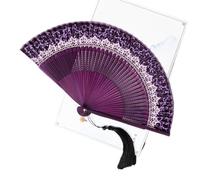 Abanico plegable de estilo chino que cambia Color con borlas, tela seda for baile, verano(Purple)