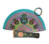 Abanico Plegable de Madera con Diseño Hamsa & Mandala + Funda con Cremallera + Pulsera Elástica de Cuentas Chakra (Hipnosis Oriental)