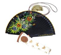 Abanico Plegable de Madera con Flores Pintadadas a Man con Funda y Cuelga Abanicos. Funda de Lona con Crermallera y Cuelga Abanico Metálico (Alba Andaluza)