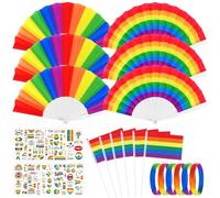 Abanicos Arco Iris Juego De Abanicos De Arcoíris 28Pcs Abanicos Plegables De Mano Con Pulsera Tatuaje De La Bandera Del Arco Iris Para Verano Mujeres Hombres Accesorios Decoración De Fiestas