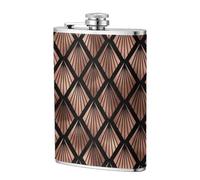 Abanicos Art Déco en oro rosa sobre negro,Frasco de acero inoxidable 304 de 8 oz con funda de cuero sintético, frasco de bolsillo para licor plano para exteriores