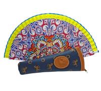 Abanicos Flores, Paisajes y Figuras de Colores con Funda Artesanal. Precioso Abanico de Madera con Funda Fabricada en España. (Mandalas Funda Azul)