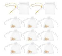 Abaodam 12 Pulseras de Rosario Mini con Cuentas de Perla y Cruz, Pulsera Religiosa Católica en Colores Oro Falso y Blanco, Tamaño 7x9 Cm, Kit para Bautizo, Comunión, Boda y Regalos
