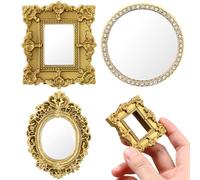 Abaodam 3 Espejos Mini Clásicos para Casas de Muñecas, Accesorios en Resina Dorada, Modelo Ovalado y Cuadrado Incrustación de Gemas, Decoración para Microescenas y Jardines Pequeños