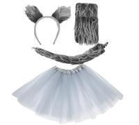 Abaodam Disfraz de Diadema Orejas de Animal Gris, Guantes y Falda de Tul Gris, Accesorio de Cosplay para Fiesta, Cumpleaños y Representaciones Teatrales, Set de 3 Piezas de Felpa Cómoda