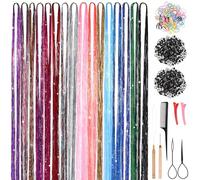 Abaodam Kit de Extensiones de Cabello Oropel de 16 Colores, Herramientas Incluidas, Hebras de 123 Cm para Trenzas y Accesorios de Brillo, Adecuado para Peinados Festivos y Cuidados