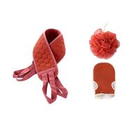 Abaodam Set de 3 Esponjas de Baño Rojas Tiras Largas y Dos Aros para Manos, Esponja de Fibra para Limpiar Eficazmente la Piel y Facilitar la Limpieza del Cuerpo