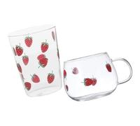 Abaodam Vasos de Vidrio Diseño de Fresa 2 Piezas, Taza Multifunción para Café, Leche y Jugo, 350 Ml, Vidrio Transparente, para Hogar, Oficina y Fiestas