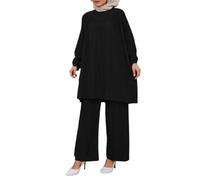 Abaya musulmana para mujer, casual, ajuste holgado, manga larga, pantalones de pierna ancha, suave, cómodo, traje de dos piezas para uso diario, Ramadán Eid, Negro, S
