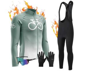 Abbigliamento Completo Ciclismo Uomo,Tuta Bici da Corsa Invernale Maglia MTB Manica Lung Occhiali da Ciclismo antivento+Guanti da equitazione invernali (13,XXS)