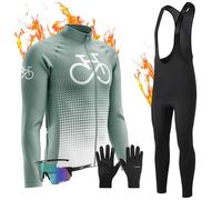 Abbigliamento Completo Ciclismo Uomo,Tuta Bici da Corsa Invernale Maglia MTB Manica Lung Occhiali da Ciclismo antivento+Guanti da equitazione invernali (13,XXS)