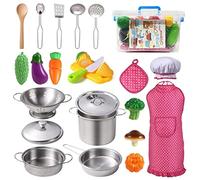Abbto 2 unidades de accesorios de cocina para niños, 24 unidades, para que los niños jueguen a los juguetes de cocina falsos para jugar a cocinar, juego de ollas y sartenes, gorro de cocinero