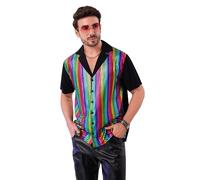 ABEHIK Camisa de discoteca para hombre con lentejuelas, manga corta de los años 70, disfraz para hombre, camiseta rave, fiesta temática, carnaval, Color1, XL