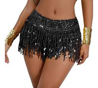ABEHIK Pantalones cortos de lentejuelas para mujer, cintura alta, festival de música, pantalones cortos de verano, pantalones cortos de fiesta con flecos, Negro , M