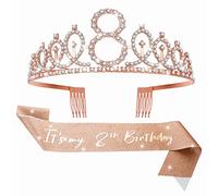 Abeillo Banda y tiara con texto en inglés It's my 8th Birthday para niñas, corona de cumpleaños de oro rosa 8 y fabulosa banda de satén de 8 cumpleaños para suministros de recuerdo de fiesta de
