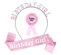 Abeillo Juego de 3 piezas de cumpleaños rosa - banda para niña, tiara, cinta de premio e insignia para fiestas infantiles