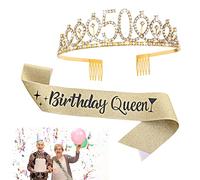Abeillo Juego de banda de 50 cumpleaños y corona de diamantes de imitación, tiara de cristal de 50 cumpleaños y banda de reina de cumpleaños, regalos de cumpleaños para mujeres, suministros de fiesta