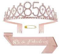 Abeillo Kit de banda y tiara de cumpleaños 85, banda de oro rosa 85 y fabulosa corona de diamantes de imitación, regalo de cumpleaños de 85 años para mujeres, decoraciones de fiesta feliz 85