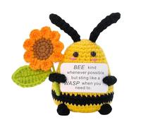 Abeja positiva con girasoles artificiales, mini abeja tejida con tarjetas de afirmación, pequeña abeja de apoyo emocional, anima a animales de ganchillo positivos, muñeca de lana de punto, flores de