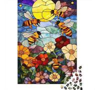 Abejas de Vidrieras Puzzle de 1000 Piezas Papel para Adultos Jardín de Girasoles Relajante Concentración Juego Familiar Decoración Regalo 52x38cm/1000pcs