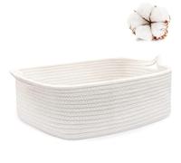 ABenkle Cesta de cuerda, pequeña cesta de regalo de almacenamiento, cesta rectangular debajo del estante, cesta decorativa bohemia tejida de cuerda blanca con asa para juguete de perro, huevo, fruta,