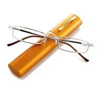 ABETOS Gafas de lectura estrechas para hombre Mini filtro de luz azul ultraligeras de metal gafas de lectura con bisagra de resorte ayuda para la lectura con funda, dorado, 2,5