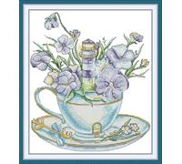 ABEUTY Kit de punto de cruz preimpreso de 14 unidades, diseño de faro y no me olvides de taza de té para adultos principiantes, kit de inicio de bordado avanzado con sello de bricolaje, 29 x 33 cm