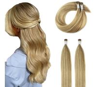 ABH AMAZINGBEAUTY HAIR Extensiones de pelo natural de color rubio ceniza, 35 cm, rubio ceniza con punta dorada, suave y liso, pelo natural Remy de 50 g, 100s #P16/22