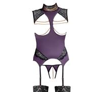 Abierta Fina Basque y Tanga sin entrepierna para mujer Púrpura/Negro L