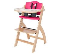 Abiie Beyond - Silla alta de madera con bandeja, ajustable y convertible para bebés y niños pequeños, de 6 meses a 250 libras, resistente al agua, cojín de madera natural/frambuesa