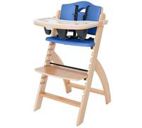 Abiie Beyond - Silla alta de madera con bandeja, convertible para bebé, silla alta ajustable para bebés, niños pequeños, 6 meses hasta 250 libras, resistente a las manchas y al agua, cojín azul