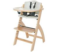 Abiie Beyond - Silla alta de madera con bandeja, convertible para bebé, silla alta ajustable para bebés, niños pequeños, 6 meses hasta 250 libras, resistente a las manchas y al agua, cojín de madera